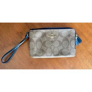 Coach Double Zip Wristlet Signature Canvas Khaki Blue F87591 Monogram Wallet